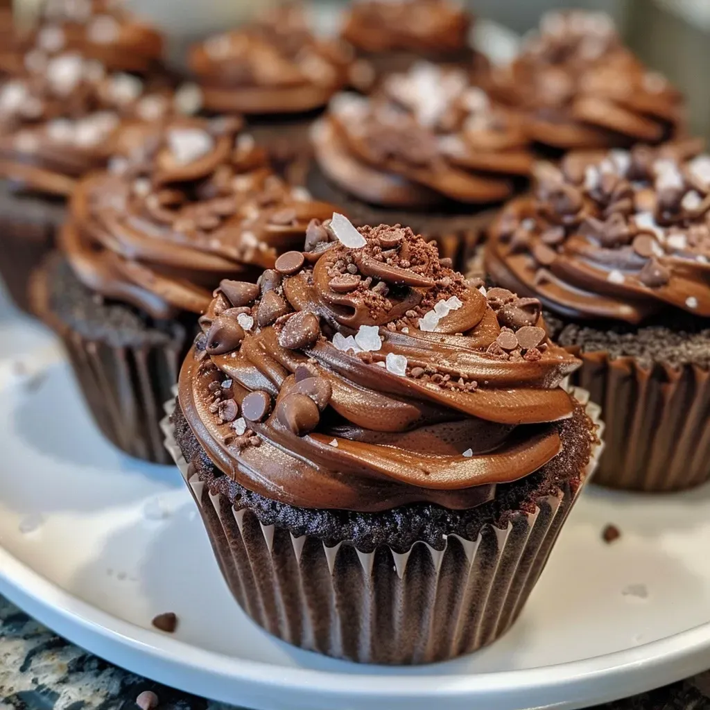 ['Close-up of Double Chocolate Sea Salt Cupcake topped with a swirl of chocolate frosting and flakes of sea salt.', 'Side view of a rich, double chocolate cupcake drizzled with melted chocolate and sprinkled with sea salt.', 'Delicious double chocolate sea salt cupcakes displayed on a rustic wooden table, featuring chocolate chips and frosting.', 'An appetizing side view of a cupcake with dark chocolate frosting, showcasing a sprinkle of sea salt on top.']