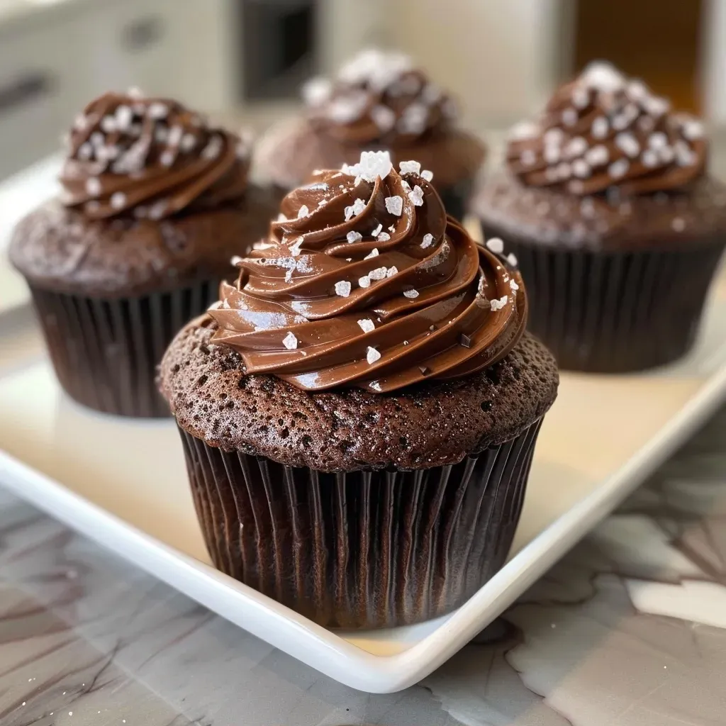 ['Close-up of Double Chocolate Sea Salt Cupcake topped with a swirl of chocolate frosting and flakes of sea salt.', 'Side view of a rich, double chocolate cupcake drizzled with melted chocolate and sprinkled with sea salt.', 'Delicious double chocolate sea salt cupcakes displayed on a rustic wooden table, featuring chocolate chips and frosting.', 'An appetizing side view of a cupcake with dark chocolate frosting, showcasing a sprinkle of sea salt on top.']