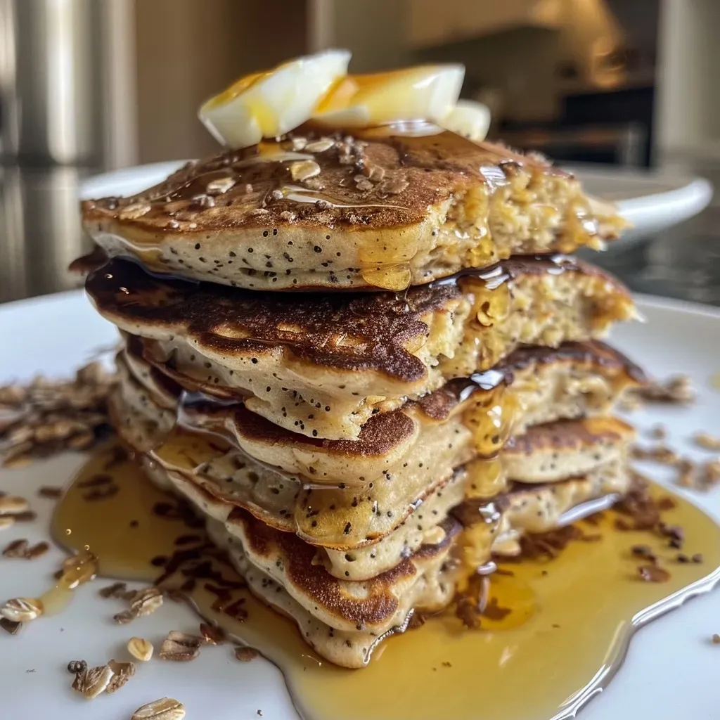 ['Close-up of fluffy protein pancakes topped with syrup and berries.', 'Side view of golden pancakes stacked on a plate with a fork nearby.', 'A delicious serving of protein pancakes with a drizzle of maple syrup.', 'Juicy protein pancakes garnished with fresh fruit on a wooden table.']