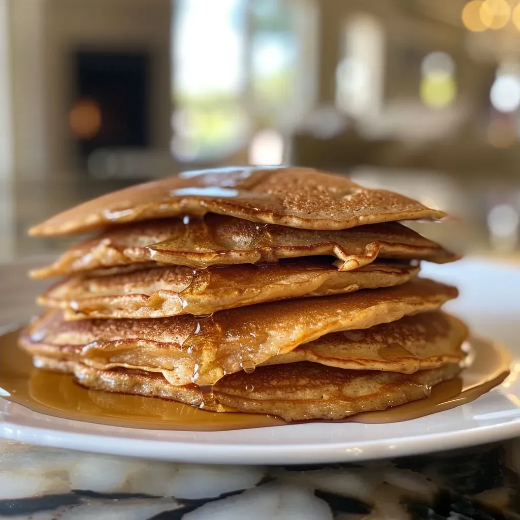 ['Close-up of fluffy protein pancakes topped with syrup and berries.', 'Side view of golden pancakes stacked on a plate with a fork nearby.', 'A delicious serving of protein pancakes with a drizzle of maple syrup.', 'Juicy protein pancakes garnished with fresh fruit on a wooden table.']