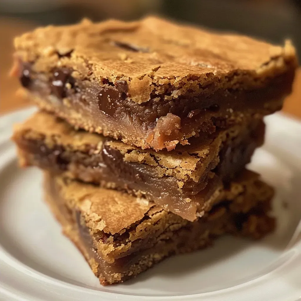 ['Close-up image of a golden-brown blondie, showing a dense texture with chocolate chips.', 'Side view of a freshly baked blondie, highlighting its moist surface and rich color.', 'Juicy easy blondie showcased with a shiny glaze, taken with a smartphone.', 'Detailed close-up of a blondie cut into squares, revealing a fudgy interior.']