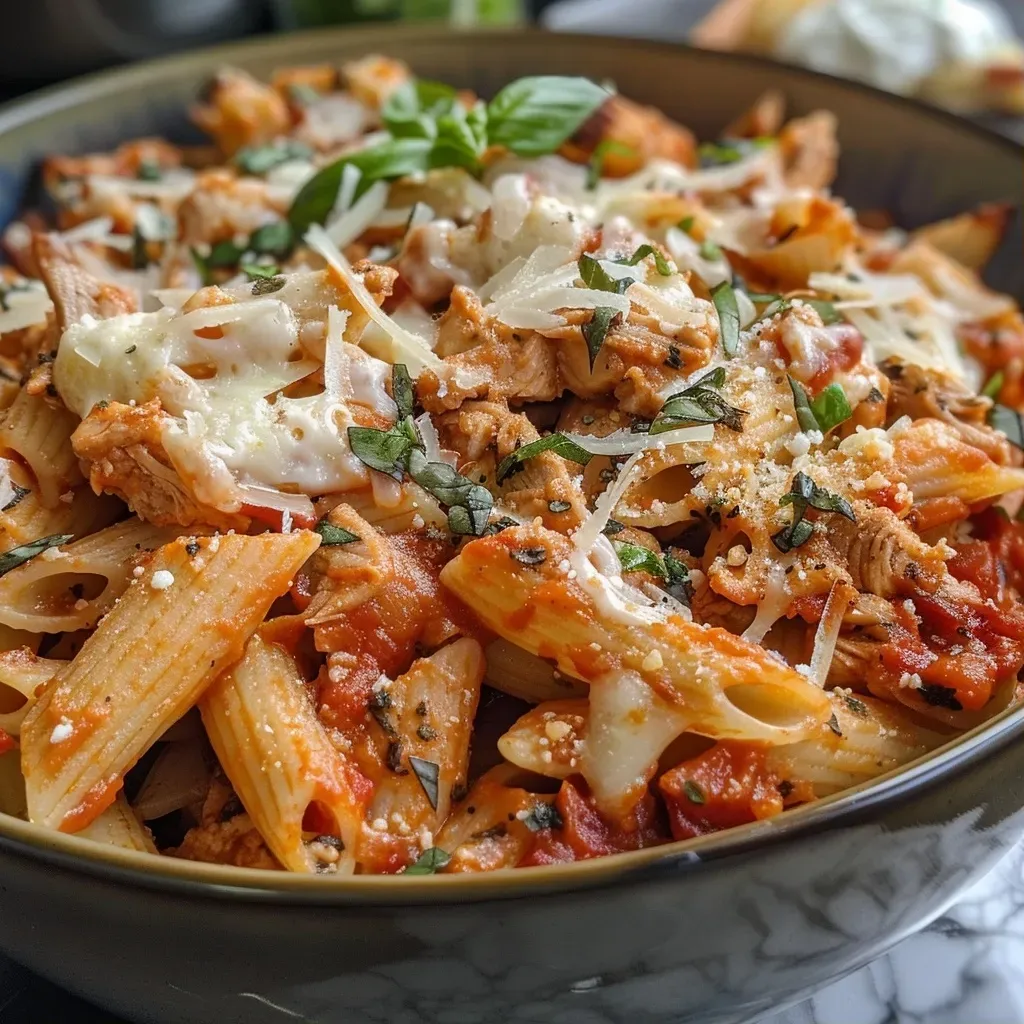 ['Close-up view of a baked chicken parmesan pasta dish with melted cheese on top.', 'Side view of a cheesy chicken pasta bake, showcasing diced chicken and pasta.', 'Juicy chicken parmesan pasta bake with a golden-brown crust and fresh herbs.', 'Delicious portion of chicken parmesan pasta bake presented in a baking dish.']