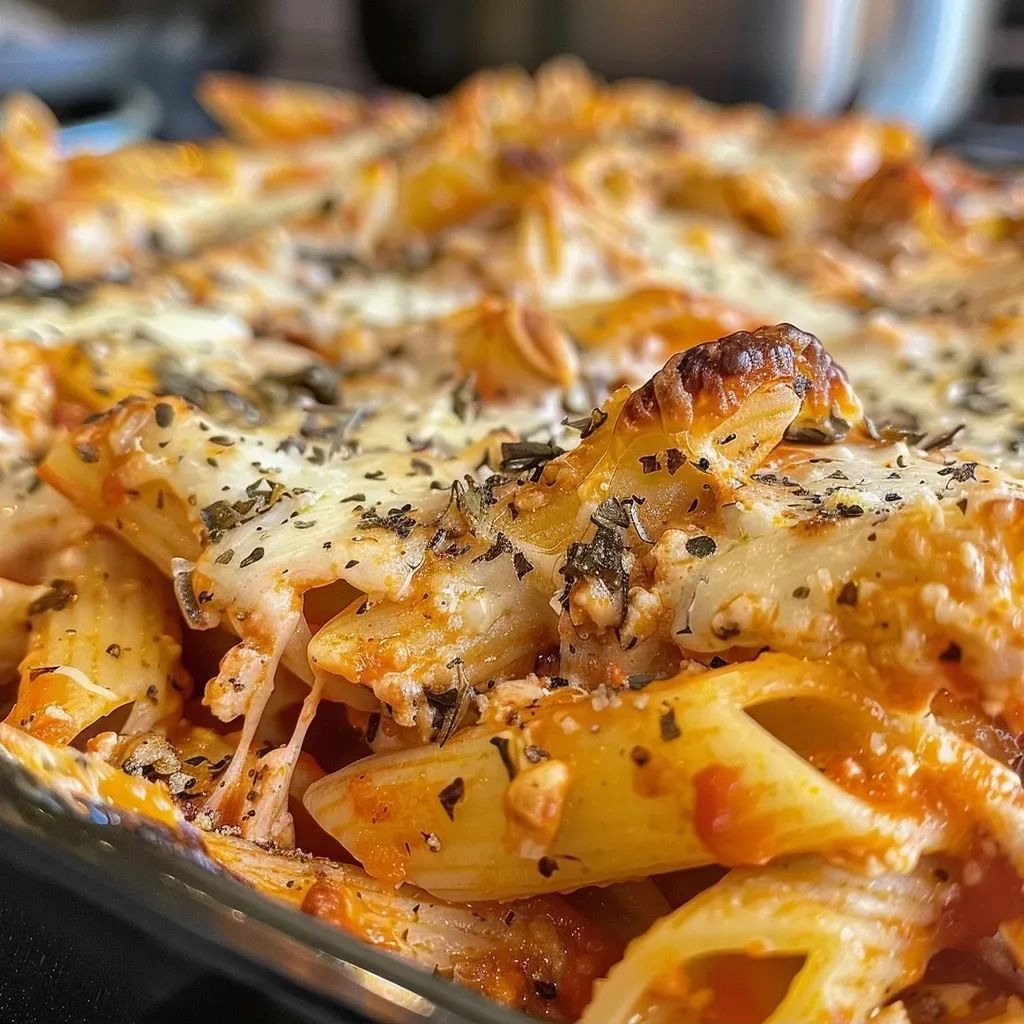 ['Close-up view of a baked chicken parmesan pasta dish with melted cheese on top.', 'Side view of a cheesy chicken pasta bake, showcasing diced chicken and pasta.', 'Juicy chicken parmesan pasta bake with a golden-brown crust and fresh herbs.', 'Delicious portion of chicken parmesan pasta bake presented in a baking dish.']