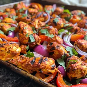 ['Close-up view of a sheet pan with Easy Chicken Tikka and colorful vegetables.', 'Juicy chicken tikka served alongside red onion and bell peppers on a sheet pan.', 'A vibrant plate of chicken tikka with roasted veggies, captured from a side angle.', 'Delicious Easy Chicken Tikka with a medley of vegetables on a baking sheet.']