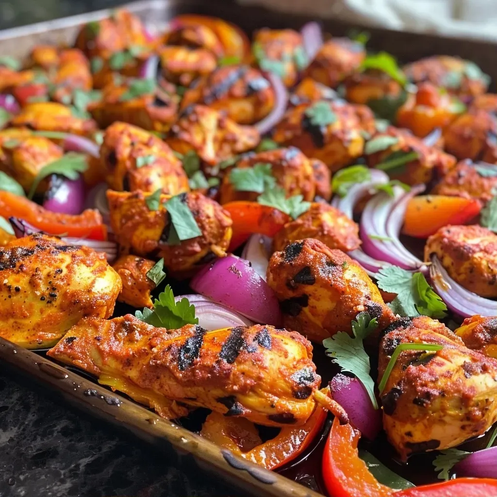 ['Close-up view of a sheet pan with Easy Chicken Tikka and colorful vegetables.', 'Juicy chicken tikka served alongside red onion and bell peppers on a sheet pan.', 'A vibrant plate of chicken tikka with roasted veggies, captured from a side angle.', 'Delicious Easy Chicken Tikka with a medley of vegetables on a baking sheet.']