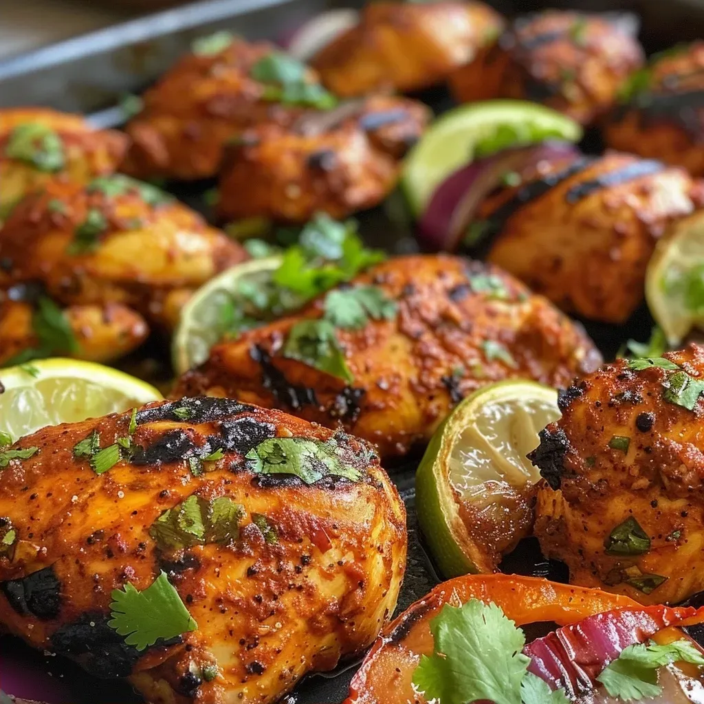 ['Close-up view of a sheet pan with Easy Chicken Tikka and colorful vegetables.', 'Juicy chicken tikka served alongside red onion and bell peppers on a sheet pan.', 'A vibrant plate of chicken tikka with roasted veggies, captured from a side angle.', 'Delicious Easy Chicken Tikka with a medley of vegetables on a baking sheet.']