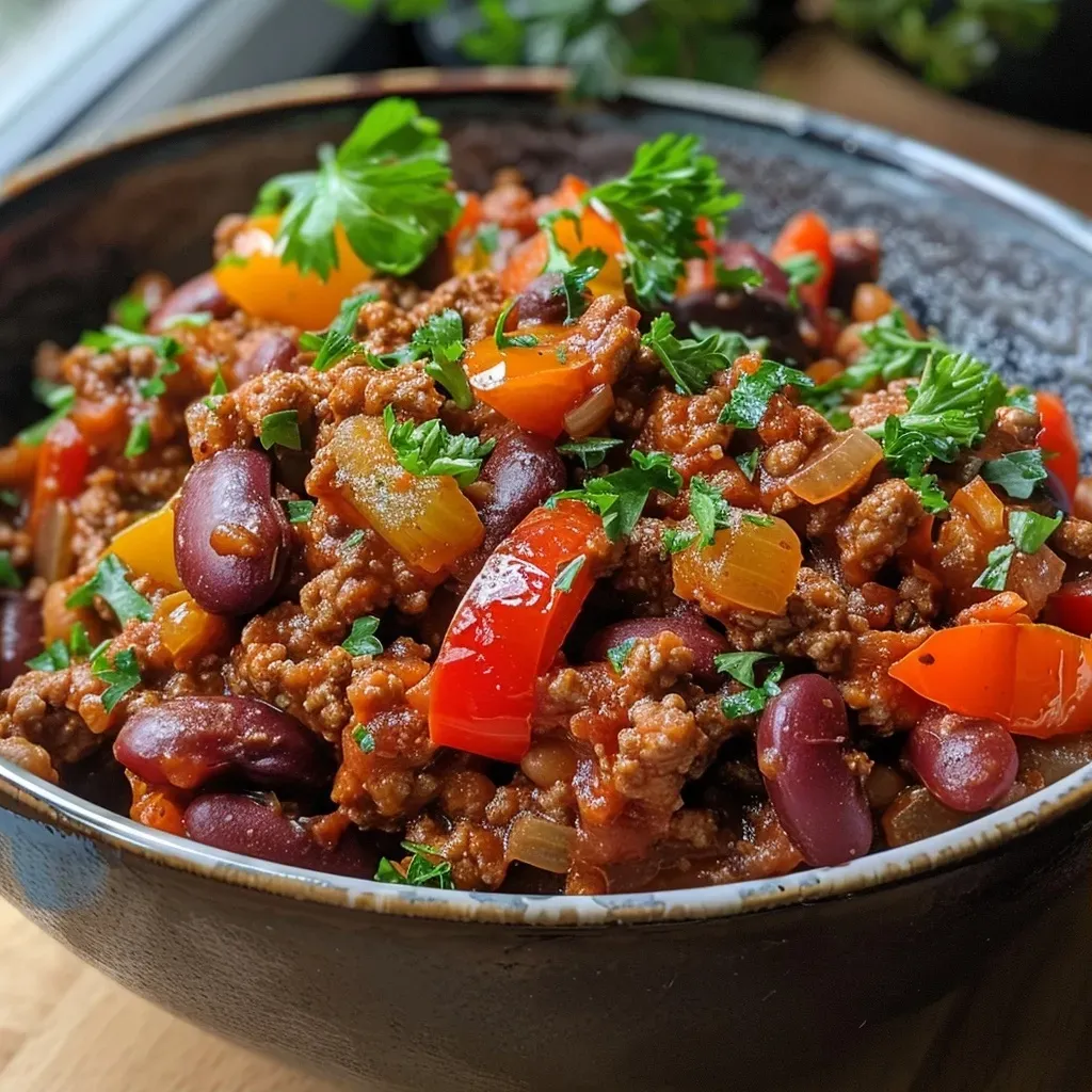 ['Close-up shot of a steaming bowl of Easy Chilli Con Carne with vibrant bell peppers and minced beef.', 'Detailed angle view of a colorful Easy Chilli Con Carne, highlighting succulent beef and fresh ingredients.', 'Side view of a hearty Easy Chilli Con Carne filled with beans, topped with herbs and spices.', 'Close-up image of Easy Chilli Con Carne featuring a rich, chunky texture and bright vegetable colors.']