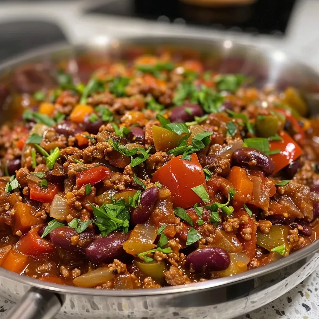 ['Close-up shot of a steaming bowl of Easy Chilli Con Carne with vibrant bell peppers and minced beef.', 'Detailed angle view of a colorful Easy Chilli Con Carne, highlighting succulent beef and fresh ingredients.', 'Side view of a hearty Easy Chilli Con Carne filled with beans, topped with herbs and spices.', 'Close-up image of Easy Chilli Con Carne featuring a rich, chunky texture and bright vegetable colors.']