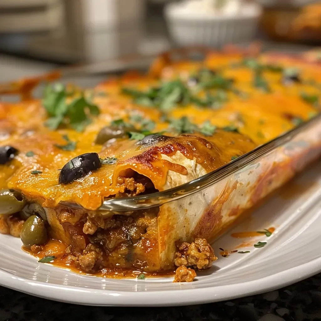 ['A close-up view of a baked Easy Enchilada Casserole with melted cheese on top.', 'Juicy Easy Enchilada Casserole layered with tortillas, beef, and cheese.', 'A side view of a hearty Easy Enchilada Casserole showing the ingredients and toppings.', 'Delicious Easy Enchilada Casserole presented in a ceramic dish, showcasing its layered texture.']