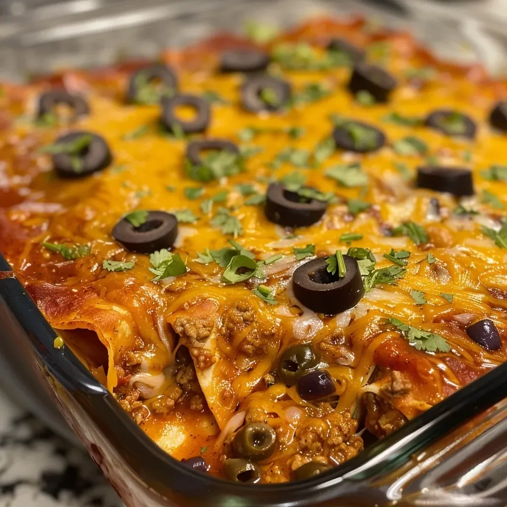 ['A close-up view of a baked Easy Enchilada Casserole with melted cheese on top.', 'Juicy Easy Enchilada Casserole layered with tortillas, beef, and cheese.', 'A side view of a hearty Easy Enchilada Casserole showing the ingredients and toppings.', 'Delicious Easy Enchilada Casserole presented in a ceramic dish, showcasing its layered texture.']