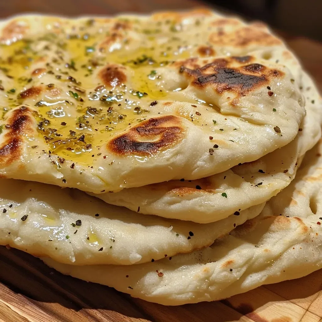 ['Close-up image of golden brown flatbread on a wooden surface.', 'Side view of a soft, fluffy flatbread with a slight shine.', 'Tasty flatbread displayed with a rustic background.', 'Homemade flatbread with a crispy edge and soft center.']
