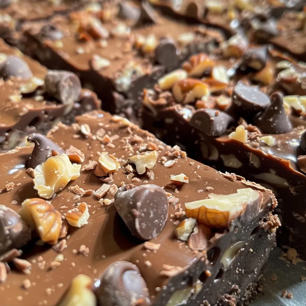 ['Close-up view of a slice of fudge with chocolate chips and nuts on a plate.', 'Side angle image of rich chocolate fudge with a glossy finish and walnut pieces.', 'Delicious homemade fudge displayed on a wooden board, showcasing its creamy texture.', 'A tempting piece of easy fudge with visible chocolate chips and nuts, ready to be enjoyed.']