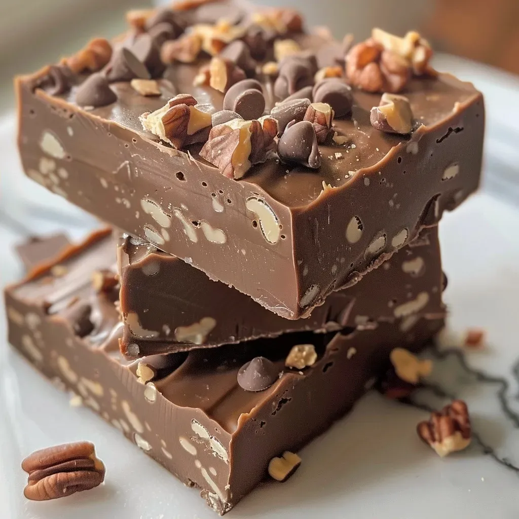 ['Close-up view of a slice of fudge with chocolate chips and nuts on a plate.', 'Side angle image of rich chocolate fudge with a glossy finish and walnut pieces.', 'Delicious homemade fudge displayed on a wooden board, showcasing its creamy texture.', 'A tempting piece of easy fudge with visible chocolate chips and nuts, ready to be enjoyed.']