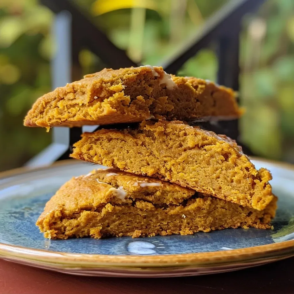 ['Close-up view of freshly baked pumpkin scones on a plate, showcasing their golden-brown texture.', 'Side view of pumpkin scones, highlighting their fluffy interior and crispy exterior.', 'A tempting arrangement of pumpkin scones with a sprinkle of glaze, placed on a rustic wooden surface.', 'Delicious pumpkin scones displayed with a slice cut out, revealing a moist and spiced interior.']