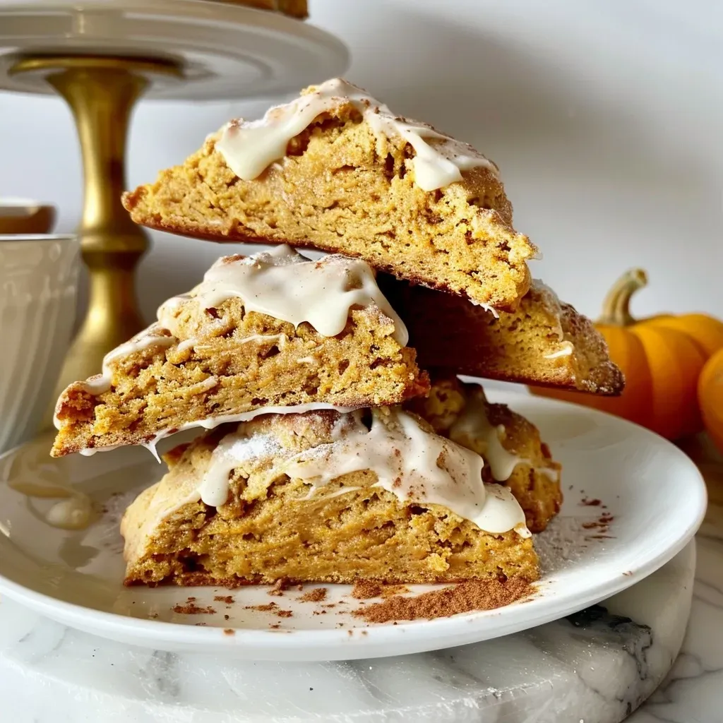 ['Close-up view of freshly baked pumpkin scones on a plate, showcasing their golden-brown texture.', 'Side view of pumpkin scones, highlighting their fluffy interior and crispy exterior.', 'A tempting arrangement of pumpkin scones with a sprinkle of glaze, placed on a rustic wooden surface.', 'Delicious pumpkin scones displayed with a slice cut out, revealing a moist and spiced interior.']