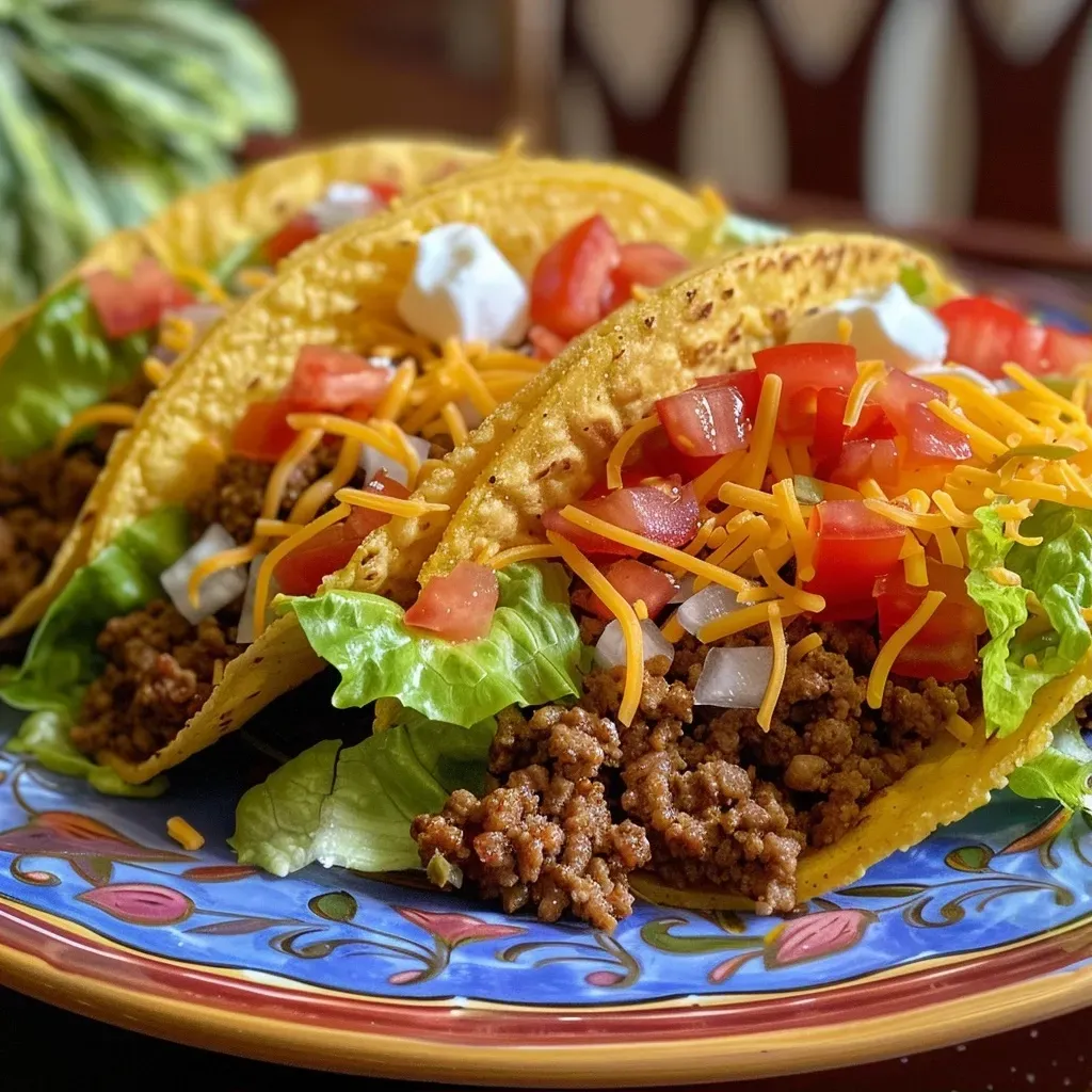 ['Close-up view of a taco filled with ground beef, lettuce, diced tomatoes, and cheese.', 'Side angle of a juicy taco with colorful toppings on a wooden surface.', 'Tasty taco showcasing ground beef and fresh ingredients in a taco shell.', 'Detailed view of a taco loaded with meat, vegetables, and garnished with sour cream.']