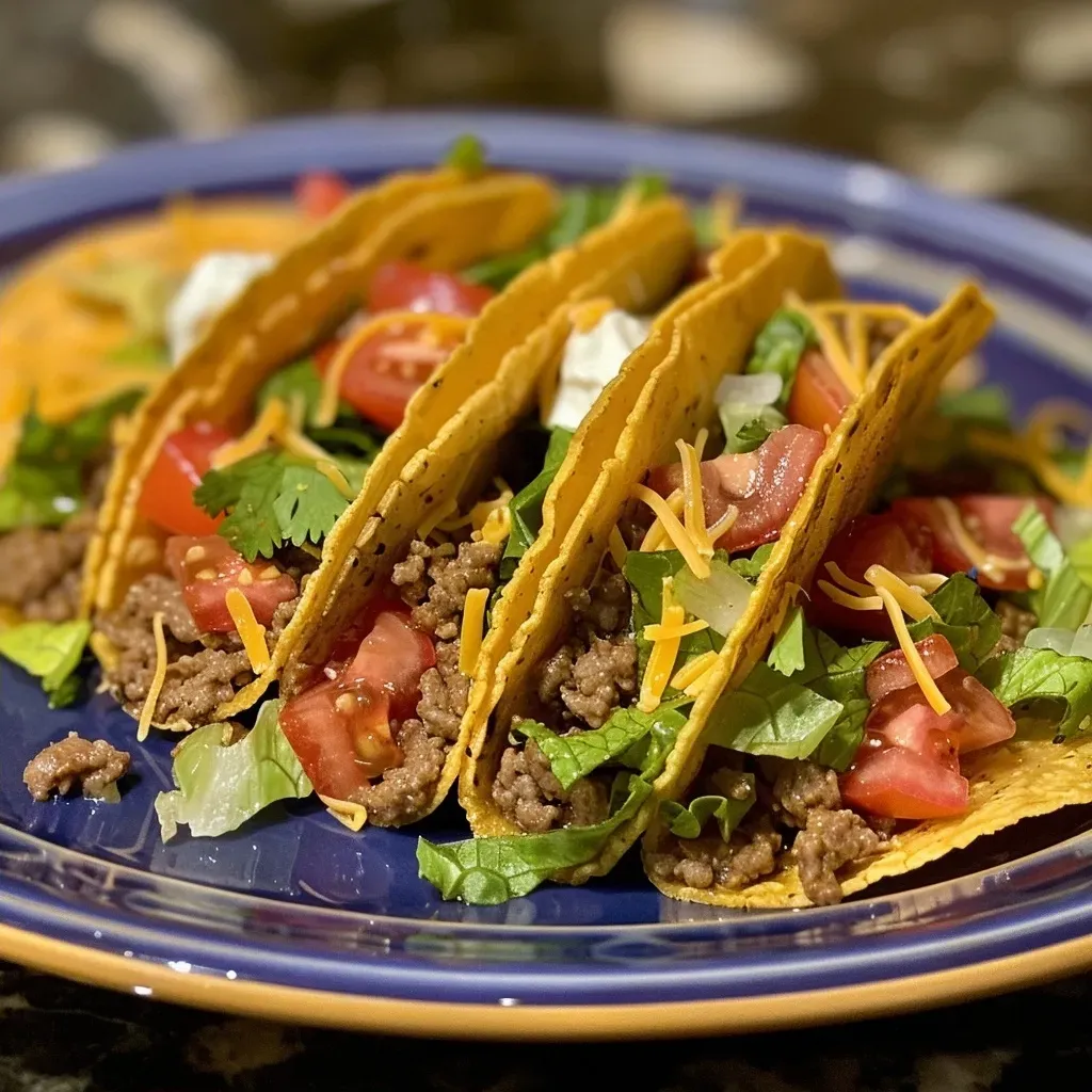 ['Close-up view of a taco filled with ground beef, lettuce, diced tomatoes, and cheese.', 'Side angle of a juicy taco with colorful toppings on a wooden surface.', 'Tasty taco showcasing ground beef and fresh ingredients in a taco shell.', 'Detailed view of a taco loaded with meat, vegetables, and garnished with sour cream.']