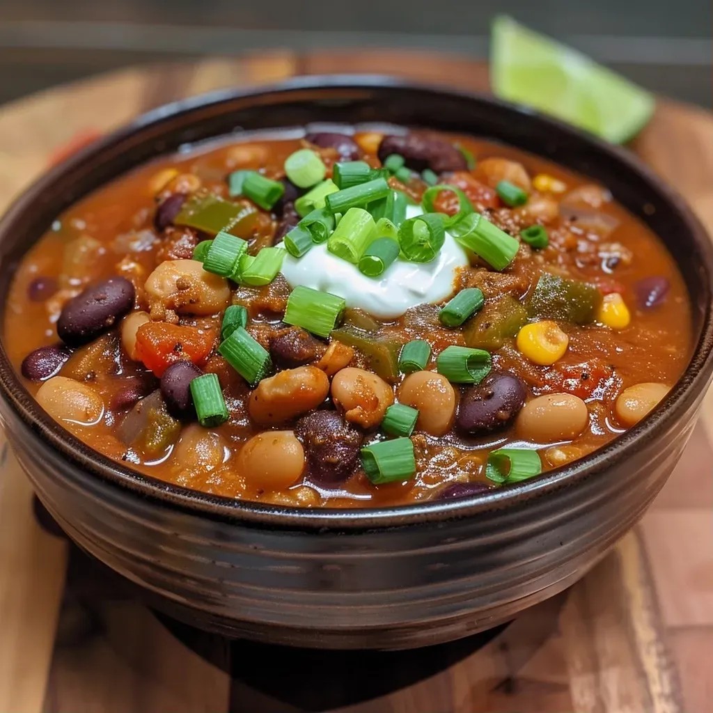 ['Close-up view of a vibrant bowl of Easy Three Bean Chili with beans and vegetables.', 'Side view of steaming Easy Three Bean Chili garnished with green onions and lime.', 'Delicious Easy Three Bean Chili showcasing colorful beans, tomatoes, and spices.', 'Rich and hearty Easy Three Bean Chili served in a rustic bowl, ready to enjoy.']