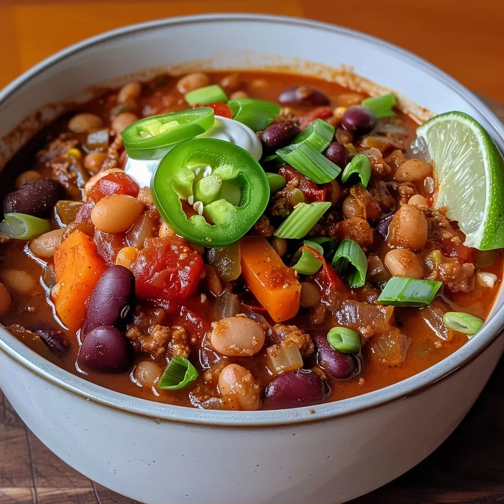 ['Close-up view of a vibrant bowl of Easy Three Bean Chili with beans and vegetables.', 'Side view of steaming Easy Three Bean Chili garnished with green onions and lime.', 'Delicious Easy Three Bean Chili showcasing colorful beans, tomatoes, and spices.', 'Rich and hearty Easy Three Bean Chili served in a rustic bowl, ready to enjoy.']