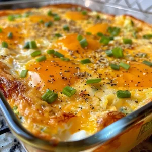 ['Close-up view of a baked egg casserole with visible green and red bell peppers.', 'Delicious egg casserole topped with melted cheddar cheese and fresh green onions.', 'Side view of a golden-brown egg casserole with broccoli florets and diced vegetables.', 'Juicy egg casserole showcasing layers of eggs, sour cream, and colorful peppers.']