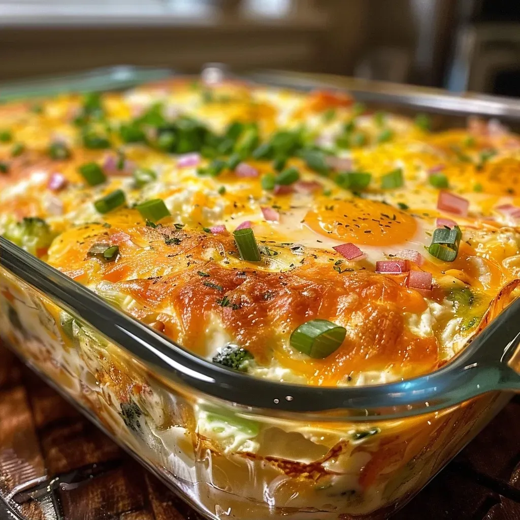 ['Close-up view of a baked egg casserole with visible green and red bell peppers.', 'Delicious egg casserole topped with melted cheddar cheese and fresh green onions.', 'Side view of a golden-brown egg casserole with broccoli florets and diced vegetables.', 'Juicy egg casserole showcasing layers of eggs, sour cream, and colorful peppers.']