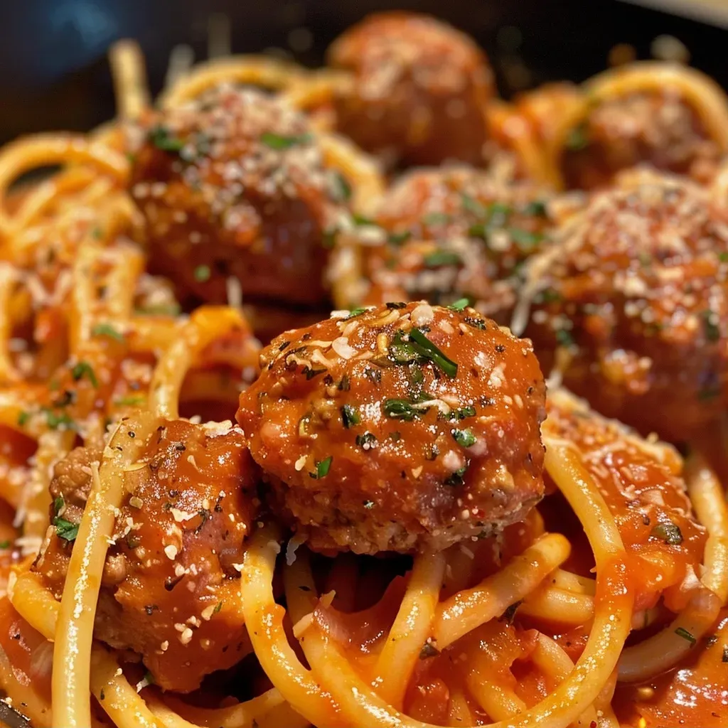 ['Close-up of a plate featuring Eyeball Pasta with meatballs resembling eyeballs.', 'Juicy Eyeball Pasta dish with spaghetti and meatballs captured in side view.', 'Detailed view of Eyeball Pasta showcasing spaghetti and round meatballs on a plate.', 'Close-up image of pasta dish with distinctive meatballs shaped like eyeballs.']