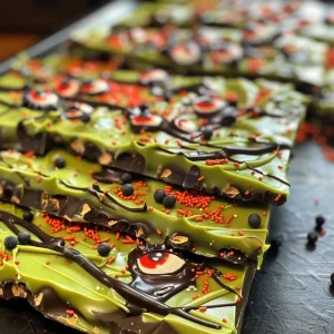 ['Close-up of colorful Frankenstein chocolate bark with green candy melts and eye sprinkles.', 'Side view of Frankenstein-themed chocolate bark displaying vibrant green and decorative features.', 'Delicious chocolate bark shaped like Frankenstein with icing details and eye sprinkles.', 'Close-up image of Halloween-inspired chocolate bark featuring green melts and spooky decorations.']
