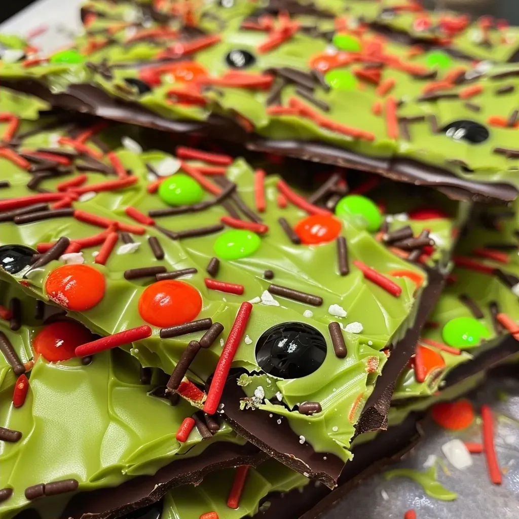 ['Close-up of colorful Frankenstein chocolate bark with green candy melts and eye sprinkles.', 'Side view of Frankenstein-themed chocolate bark displaying vibrant green and decorative features.', 'Delicious chocolate bark shaped like Frankenstein with icing details and eye sprinkles.', 'Close-up image of Halloween-inspired chocolate bark featuring green melts and spooky decorations.']
