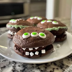 ['Close-up of a chocolate whoopie pie decorated as Frankenstein with candy eyes.', 'Side view of a Frankenstein-themed chocolate whoopie pie featuring bright green accents.', 'Juicy chocolate whoopie pie with mini marshmallows and spooky eyes.', 'Detailed view of a whimsical Frankenstein whoopie pie showcasing creative decoration.']