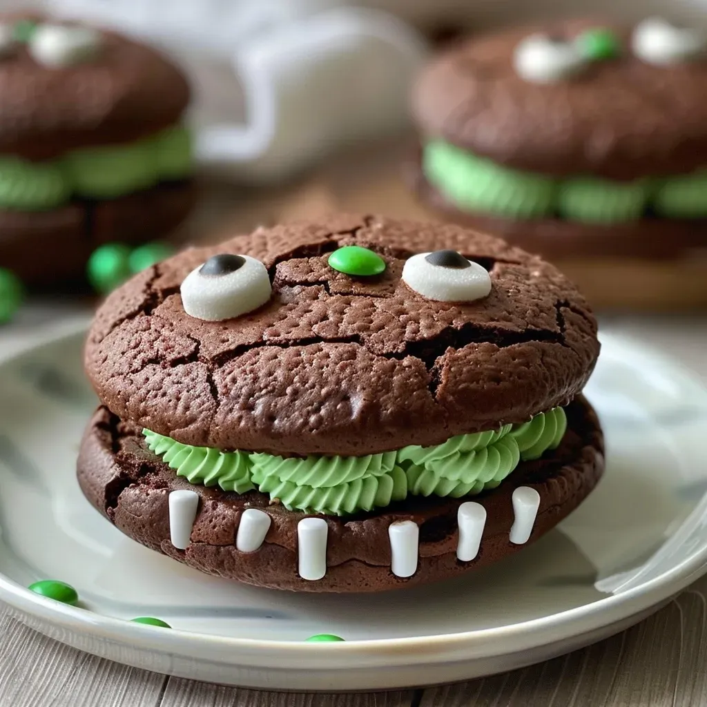['Close-up of a chocolate whoopie pie decorated as Frankenstein with candy eyes.', 'Side view of a Frankenstein-themed chocolate whoopie pie featuring bright green accents.', 'Juicy chocolate whoopie pie with mini marshmallows and spooky eyes.', 'Detailed view of a whimsical Frankenstein whoopie pie showcasing creative decoration.']