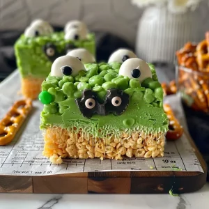 ['Close-up view of Frankenstein Rice Krispie Treats with candy eyes and pretzel sticks.', "Side view of spooky green Rice Krispie Treats shaped like Frankenstein's monster.", 'Detailed shot of Halloween-themed Rice Krispie Treats decorated with edible eyes and pretzels.', 'Appetizing close-up of Halloween Rice Krispie Treats featuring vibrant green color.']