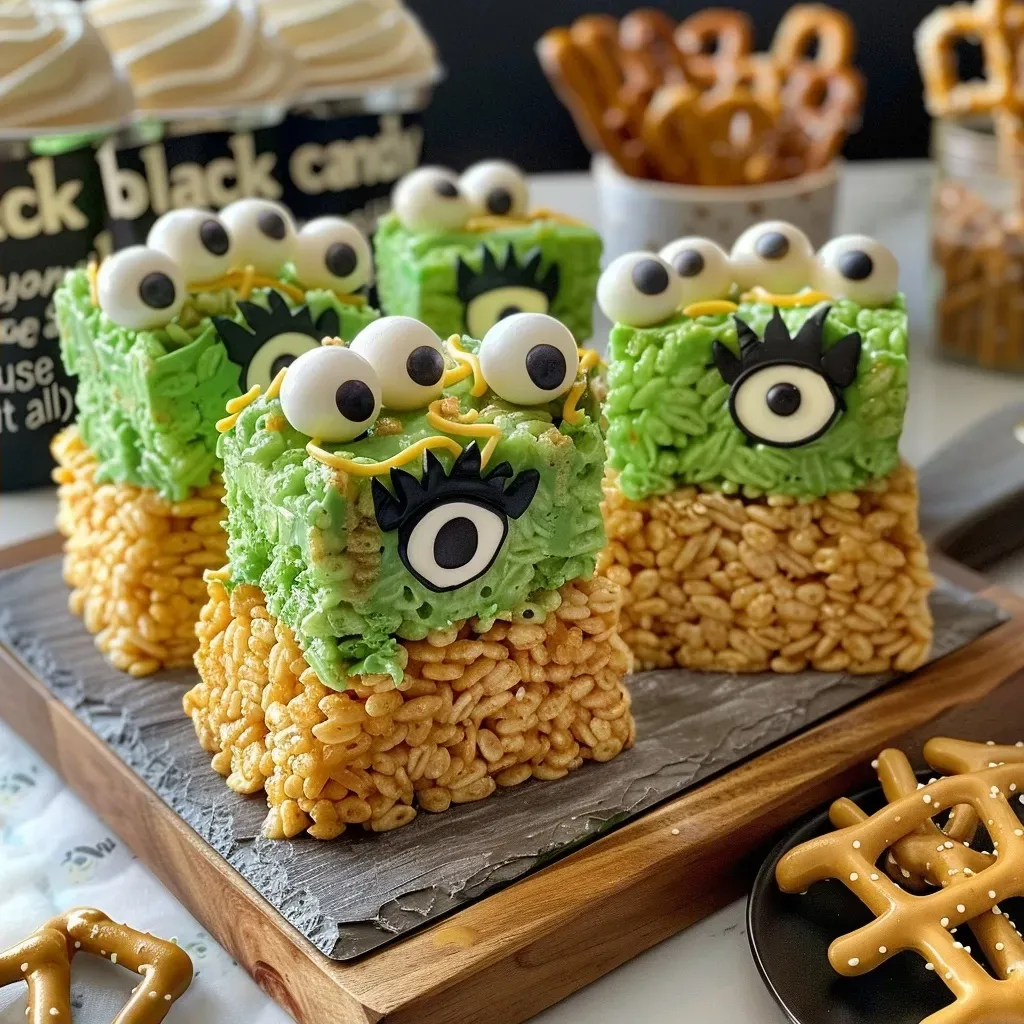 ['Close-up view of Frankenstein Rice Krispie Treats with candy eyes and pretzel sticks.', 