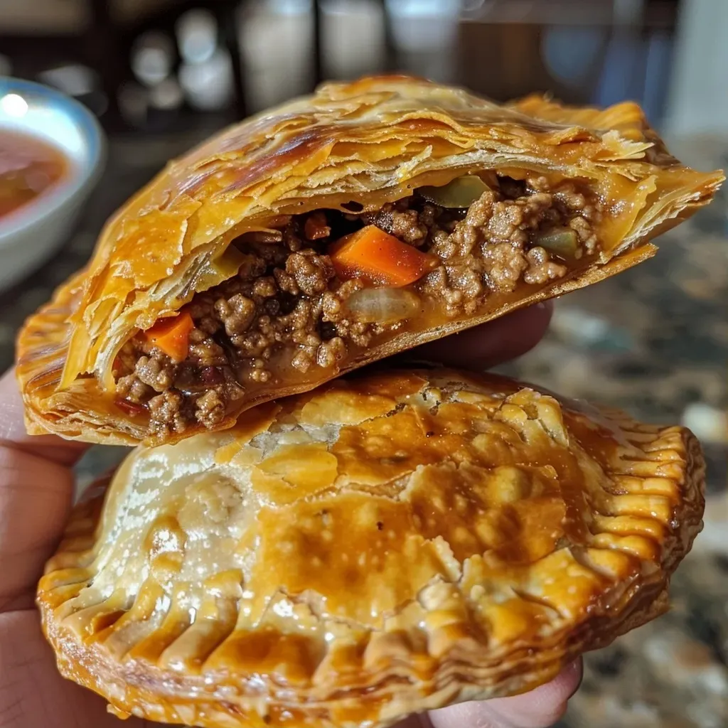 ['A close-up view of golden-brown Ghost Taco Hand Pies with a flaky crust.', 'Juicy Ghost Taco Hand Pies displayed on a rustic plate, showcasing vibrant fillings.', 'Side view of Ghost Taco Hand Pies with visible cheese and colorful vegetables peeking through the crust.', 'An appetizing arrangement of Ghost Taco Hand Pies ready for dipping in salsa.']
