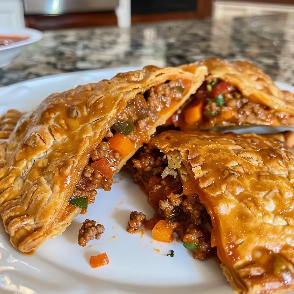 ['A close-up view of golden-brown Ghost Taco Hand Pies with a flaky crust.', 'Juicy Ghost Taco Hand Pies displayed on a rustic plate, showcasing vibrant fillings.', 'Side view of Ghost Taco Hand Pies with visible cheese and colorful vegetables peeking through the crust.', 'An appetizing arrangement of Ghost Taco Hand Pies ready for dipping in salsa.']