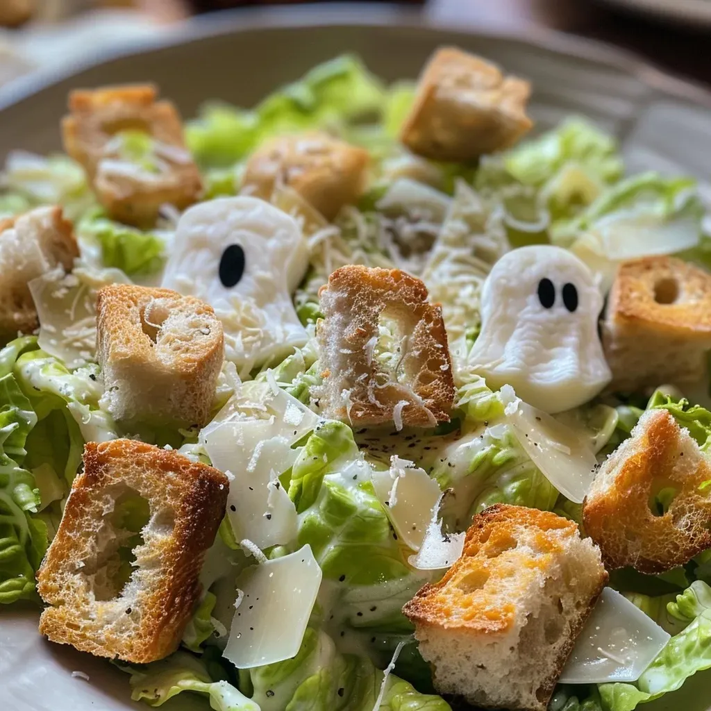 ['Close-up of a creative Caesar salad featuring ghost-shaped croutons and cookie cutouts.', 'A tantalizing side view of a ghost-themed Caesar salad with unique garnishes.', 'Caesar salad decorated with ghostly elements, including ghost croutons and cookie shapes.', 'Side view of a colorful Caesar salad topped with playful ghost-shaped ingredients.']