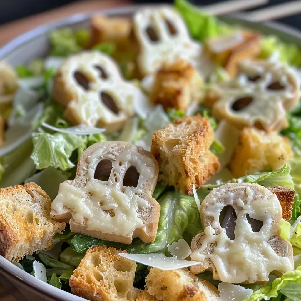 ['Close-up of a creative Caesar salad featuring ghost-shaped croutons and cookie cutouts.', 'A tantalizing side view of a ghost-themed Caesar salad with unique garnishes.', 'Caesar salad decorated with ghostly elements, including ghost croutons and cookie shapes.', 'Side view of a colorful Caesar salad topped with playful ghost-shaped ingredients.']