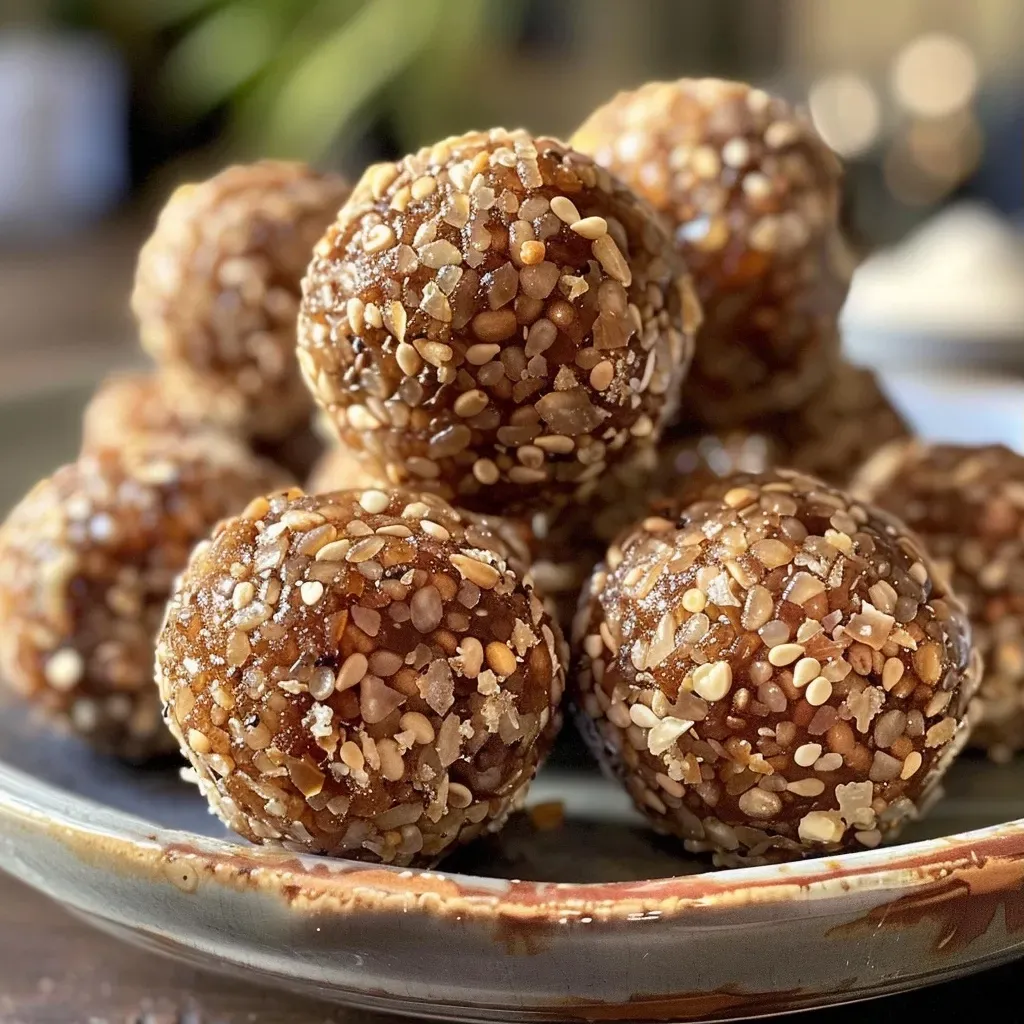 ['Close-up of ginger molasses bliss balls on a wooden surface.', 'Side view of small, round ginger molasses bliss balls coated in coconut sugar.', 'A cluster of ginger molasses bliss balls, showcasing their texture and color.', 'Juicy ginger molasses bliss balls arranged neatly with a few scattered coconut sugar granules.']