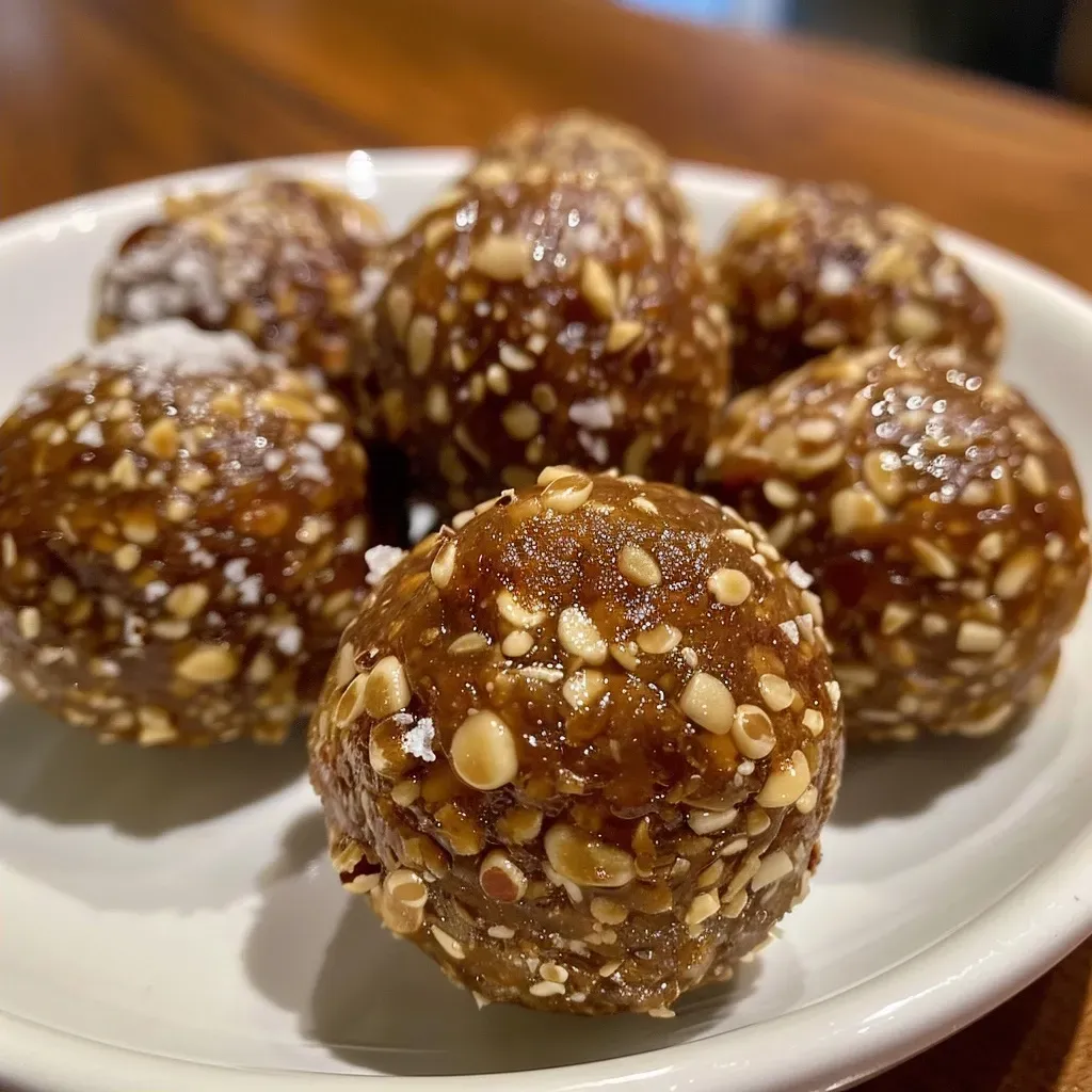 ['Close-up of ginger molasses bliss balls on a wooden surface.', 'Side view of small, round ginger molasses bliss balls coated in coconut sugar.', 'A cluster of ginger molasses bliss balls, showcasing their texture and color.', 'Juicy ginger molasses bliss balls arranged neatly with a few scattered coconut sugar granules.']