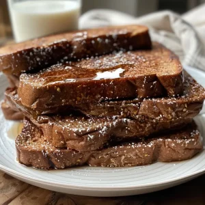 ['Close-up view of Gingerbread French Toast topped with powdered sugar.', 'Side view of a plate of Gingerbread French Toast with maple syrup drizzle.', 'Delicious slices of Gingerbread French Toast garnished with spices.', 'Thick, golden slices of Gingerbread French Toast close to the camera.']