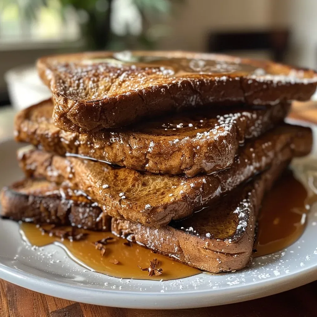 ['Close-up view of Gingerbread French Toast topped with powdered sugar.', 'Side view of a plate of Gingerbread French Toast with maple syrup drizzle.', 'Delicious slices of Gingerbread French Toast garnished with spices.', 'Thick, golden slices of Gingerbread French Toast close to the camera.']