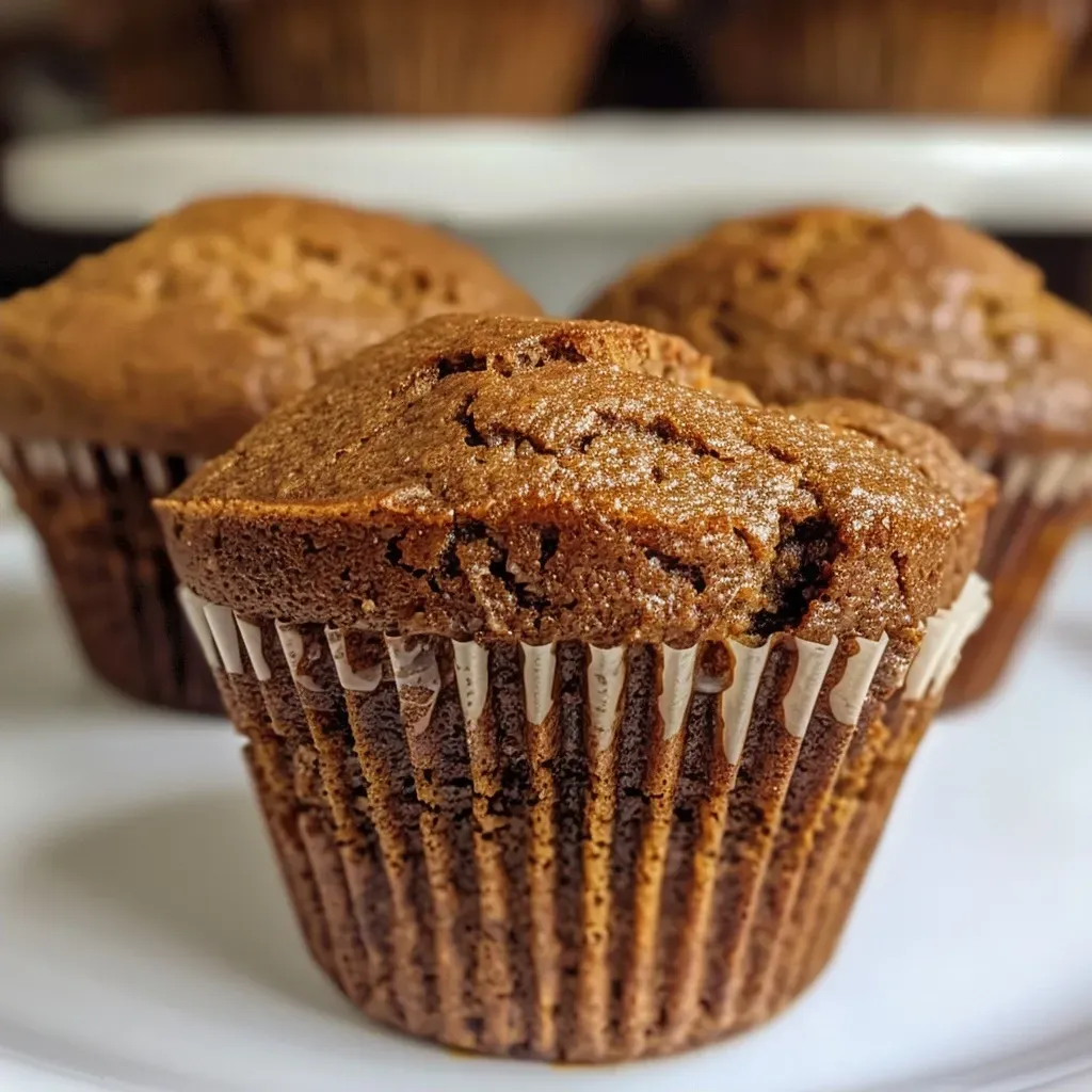['Close-up side view of freshly baked gingerbread muffins, showcasing their textured top.', 'Side profile of golden-brown gingerbread muffins arranged neatly on a plate.', 'Juicy gingerbread muffins with a moist appearance, highlighted in a side view.', 'A detailed look at gingerbread muffins, emphasizing their fluffy interior and spiced top.']