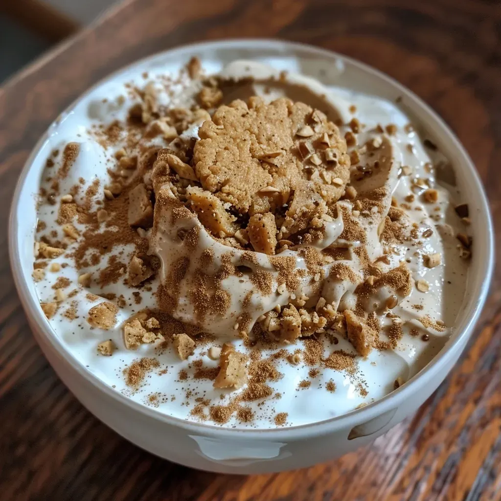 ['Close-up view of a Gingerbread Protein Bowl topped with a Ginger Thin cookie.', 'Side view of a creamy Gingerbread Protein Bowl with spices scattered around.', 'A vibrant bowl of Gingerbread Protein topped with yogurt and a cookie, freshly prepared.', 'Close-up of a healthy Gingerbread Protein Bowl showcasing its creamy texture and toppings.']