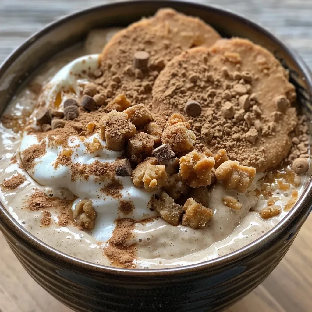 ['Close-up view of a Gingerbread Protein Bowl topped with a Ginger Thin cookie.', 'Side view of a creamy Gingerbread Protein Bowl with spices scattered around.', 'A vibrant bowl of Gingerbread Protein topped with yogurt and a cookie, freshly prepared.', 'Close-up of a healthy Gingerbread Protein Bowl showcasing its creamy texture and toppings.']