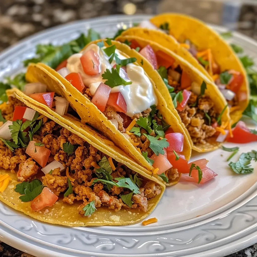 ["Close-up side view of Grandma's tacos, showcasing juicy fillings and fresh toppings.", 'Detailed view of legendary tacos from Grandma, highlighting vibrant ingredients and textures.', 'Delicious tacos presented at an angle, featuring a mix of savory fillings and garnishes.', 'Side view of mouth-watering tacos, emphasizing the freshness of ingredients and layers.']