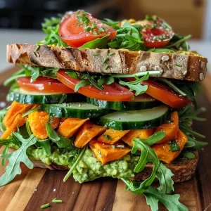 ['A close-up view of a Green Goddess Vegan Sweet Potato Sandwich with fresh ingredients.', 'Juicy vegan sandwich featuring sweet potato, avocado, arugula, and heirloom tomato.', 'Side view of a stacked sandwich showing vibrant colors of vegetables and sauce.', 'Close shot of a sandwich layered with sweet potato slices and green goddess dressing.']