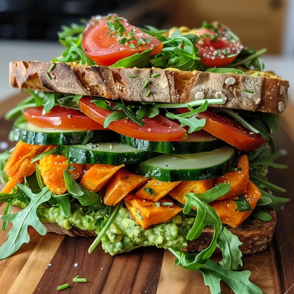 ['A close-up view of a Green Goddess Vegan Sweet Potato Sandwich with fresh ingredients.', 'Juicy vegan sandwich featuring sweet potato, avocado, arugula, and heirloom tomato.', 'Side view of a stacked sandwich showing vibrant colors of vegetables and sauce.', 'Close shot of a sandwich layered with sweet potato slices and green goddess dressing.']