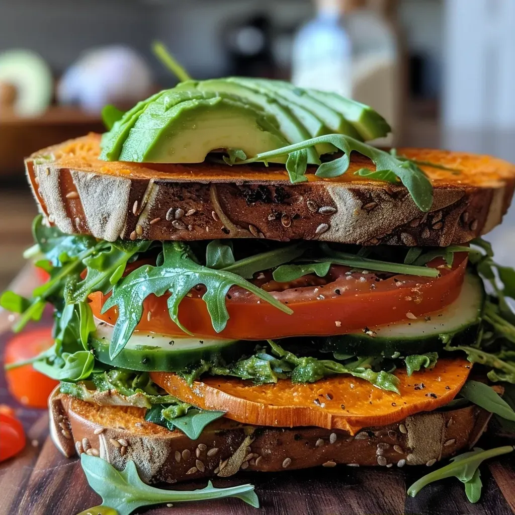 ['A close-up view of a Green Goddess Vegan Sweet Potato Sandwich with fresh ingredients.', 'Juicy vegan sandwich featuring sweet potato, avocado, arugula, and heirloom tomato.', 'Side view of a stacked sandwich showing vibrant colors of vegetables and sauce.', 'Close shot of a sandwich layered with sweet potato slices and green goddess dressing.']
