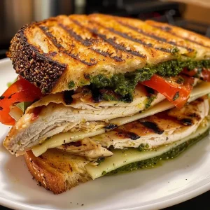 ['Juicy grilled chicken panini sandwich with melted cheese and fresh vegetables.', 'Close-up side view of a grilled chicken panini, showcasing layers of chicken, cheese, and toppings.', 'A delicious grilled chicken panini sandwich with vibrant tomatoes and spinach peeking out.', 'Savory grilled chicken panini with a golden crust and visible herbs and spices.']