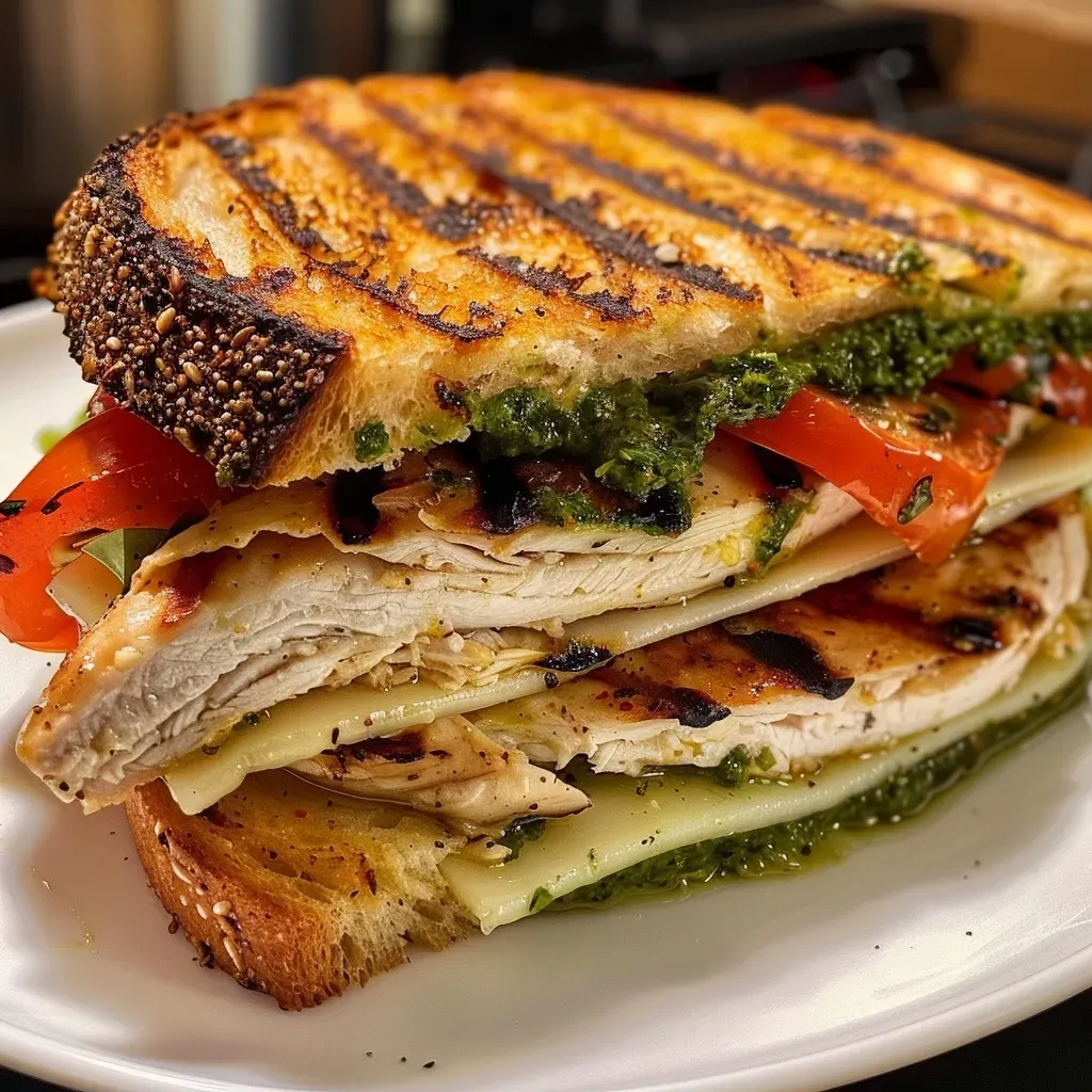 ['Juicy grilled chicken panini sandwich with melted cheese and fresh vegetables.', 'Close-up side view of a grilled chicken panini, showcasing layers of chicken, cheese, and toppings.', 'A delicious grilled chicken panini sandwich with vibrant tomatoes and spinach peeking out.', 'Savory grilled chicken panini with a golden crust and visible herbs and spices.']