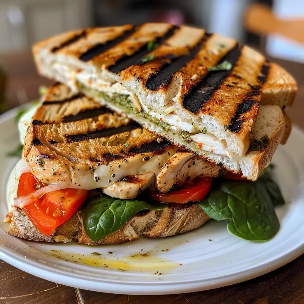 ['Juicy grilled chicken panini sandwich with melted cheese and fresh vegetables.', 'Close-up side view of a grilled chicken panini, showcasing layers of chicken, cheese, and toppings.', 'A delicious grilled chicken panini sandwich with vibrant tomatoes and spinach peeking out.', 'Savory grilled chicken panini with a golden crust and visible herbs and spices.']